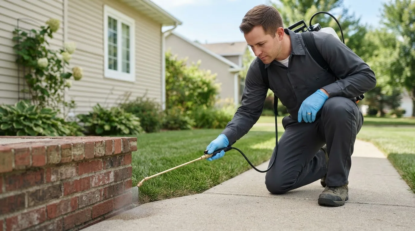 Pest control technician treating a home near Oconee, IL