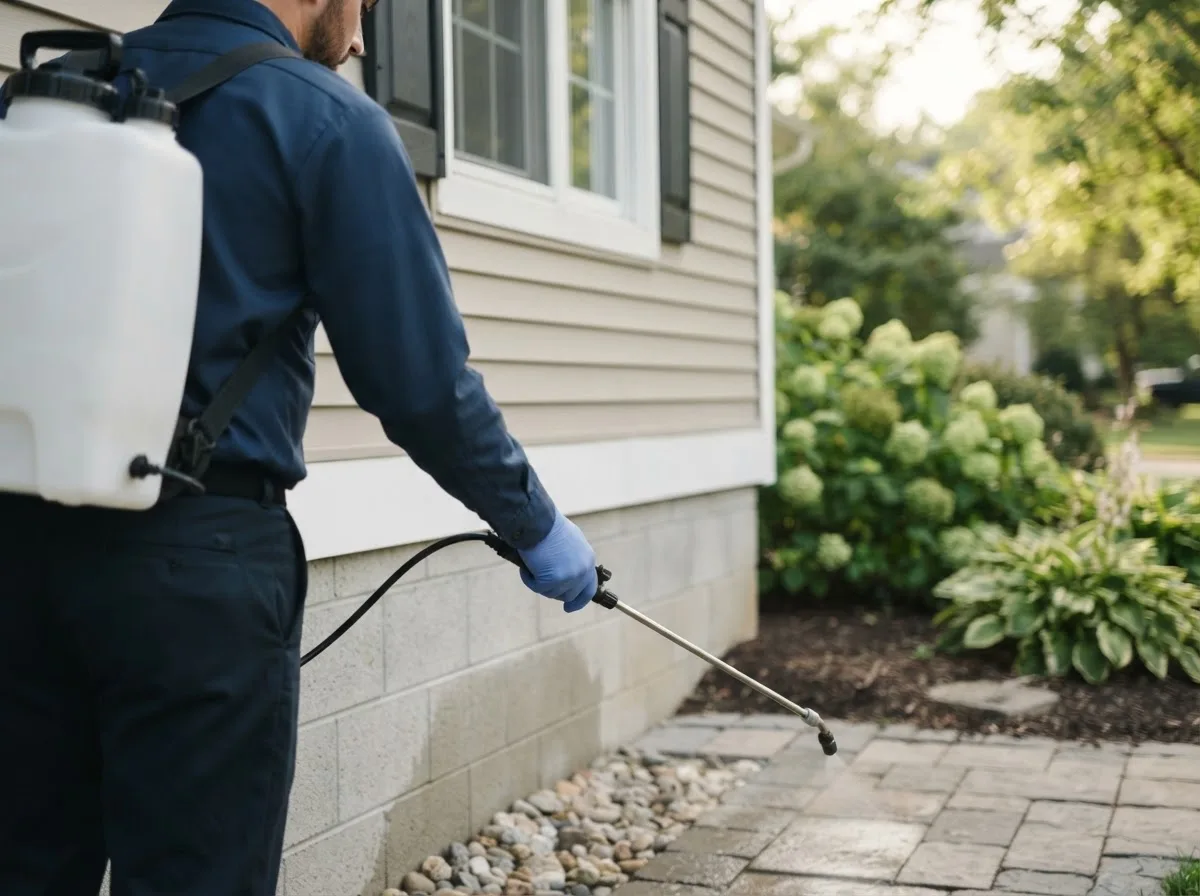 Pest control technician inspecting a home in Oconee, IL